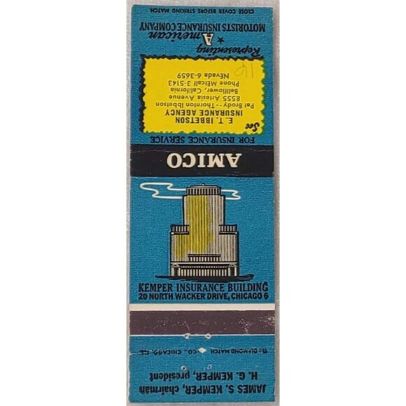 Vintage Matchbook Cover AMICO Kemper Insurance Building Chicago IL Illinois - Picture 1 of 4